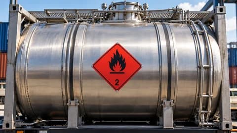 ISO tank container with a flammable gas hazard label