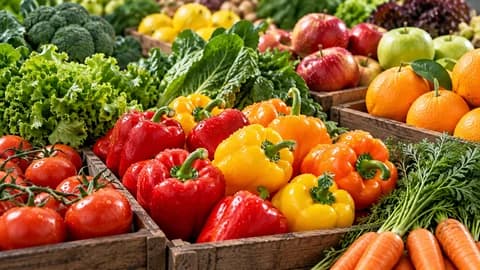 Crates of fresh vegetables and fruit